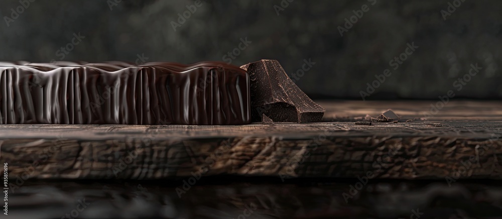 Aufkleber close up of dark chocolate on a wooden board. copy space image. place for adding text and design
