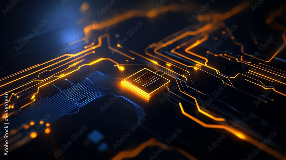 Poster abstract circuit board with glowing orange lines - a close-up of a circuit board with glowing orange