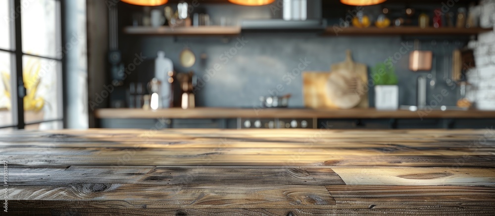 Poster tabletop and blurred kitchen in the background. copy space image. place for adding text and design