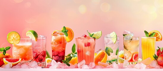 Summer bar cocktails menu Collection of various glasses featuring drinks mocktails cocktails and sparkling refreshing beach water Citrus and fruit beverages with garnish and ice cubes copyspace