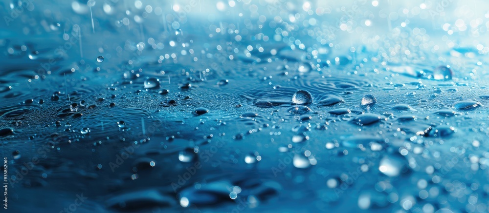 Poster clear flowing water texture featuring drops set against a blue background. copy space image. place f