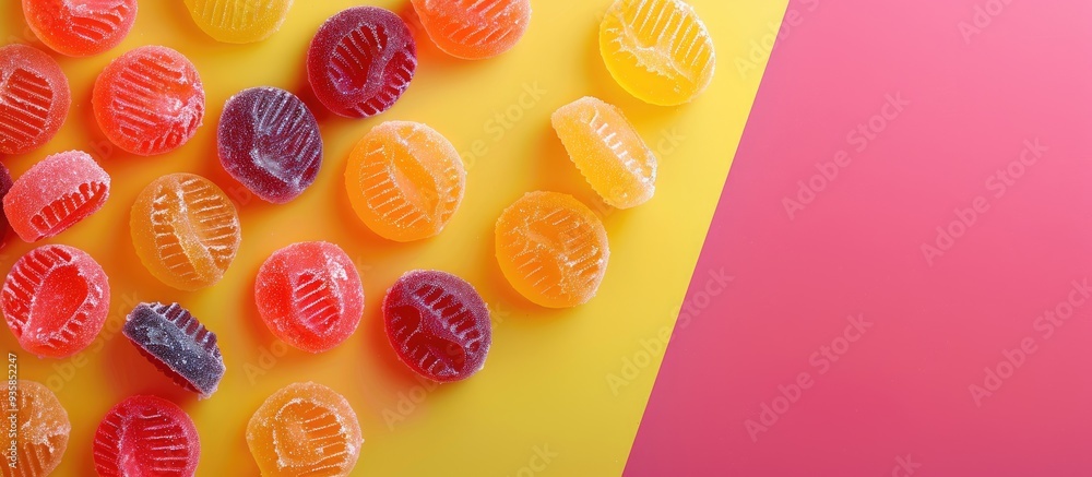 Poster flat lay arrangement featuring tasty jelly candies on a colorful background area for text. copy spac