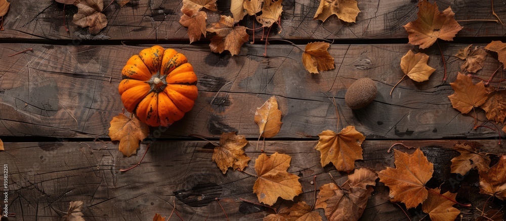 Aufkleber top view of a small pumpkin on a brown wooden surface surrounded by dried autumn leaves. copy space 