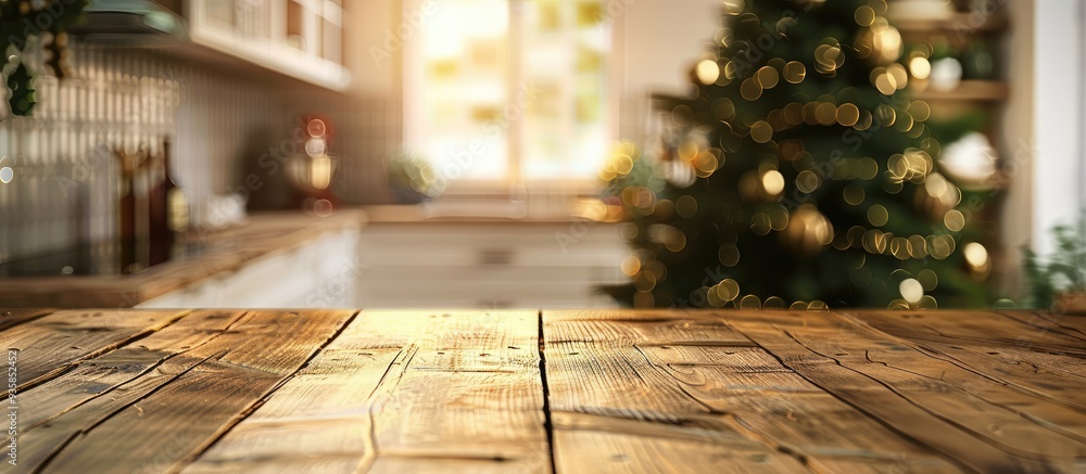Poster wooden tabletop with a blurred kitchen featuring a christmas tree ideal background for displaying or