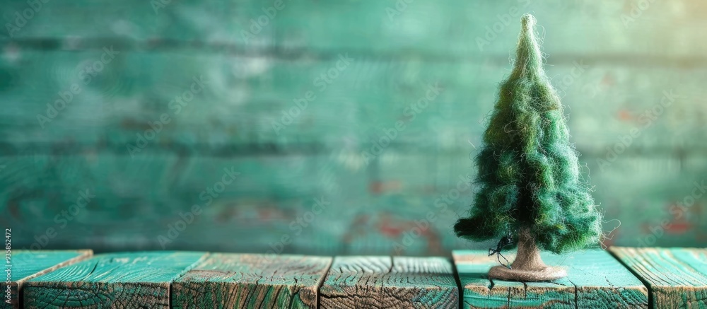 Aufkleber felt christmas tree on a green wooden backdrop image filled with bright sunny light. copy space imag