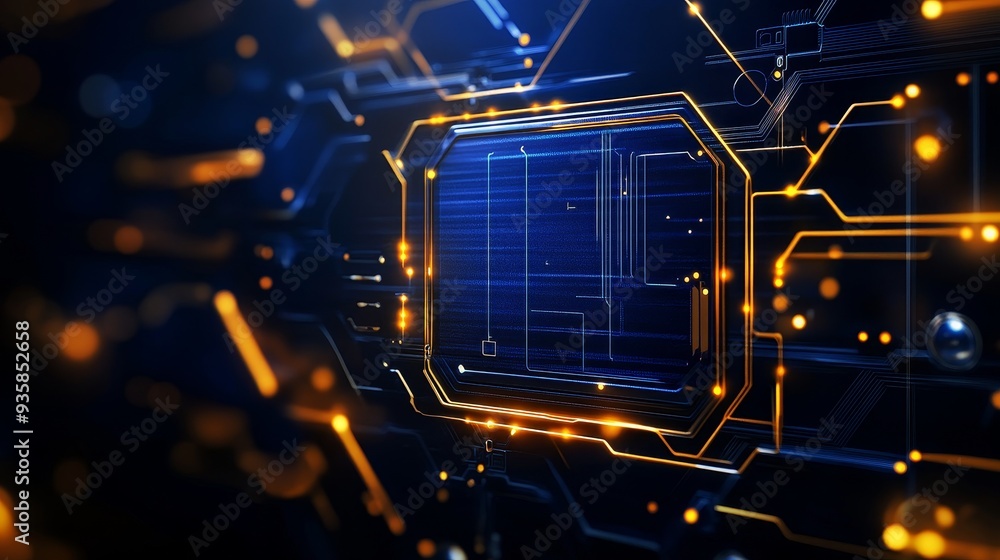 Poster abstract digital circuitry with glowing lines and a centered square - the image depicts a futuristic