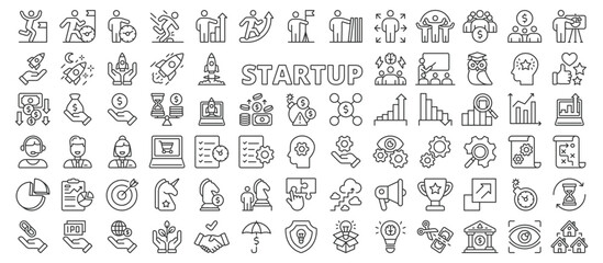 Startup icons set, in line design. Entrepreneurship, Innovation, Business growth, New venture, Startup culture, Tech startup on white background vector. Startup editable stroke icons.