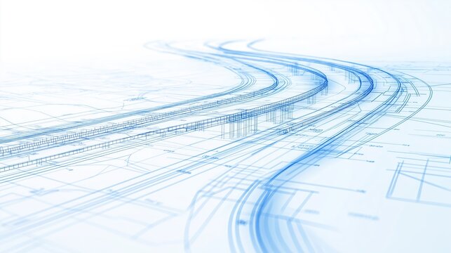 Highway development blueprint, detailed road design with measurements, flat design illustration