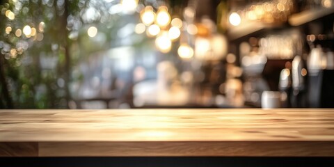Wooden Tabletop with Blurred Cafe Background