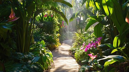 Enchanted Garden with Exotic Plants and Flowers, Featuring a Winding Stone Path and Sunlight Filtering Through a Leafy Canopy. AI generated illustration