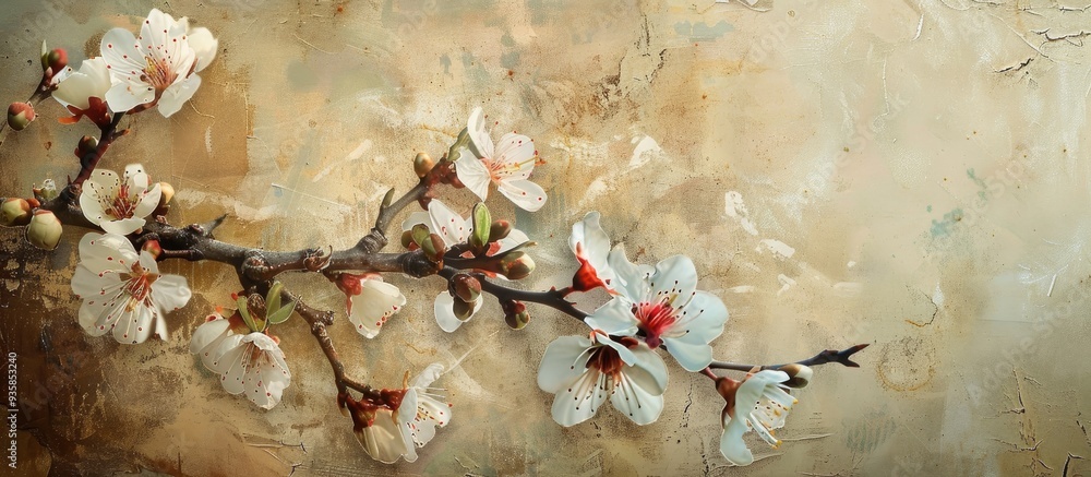 Aufkleber textured vintage paper background featuring almond tree blossoms. copy space image. place for adding