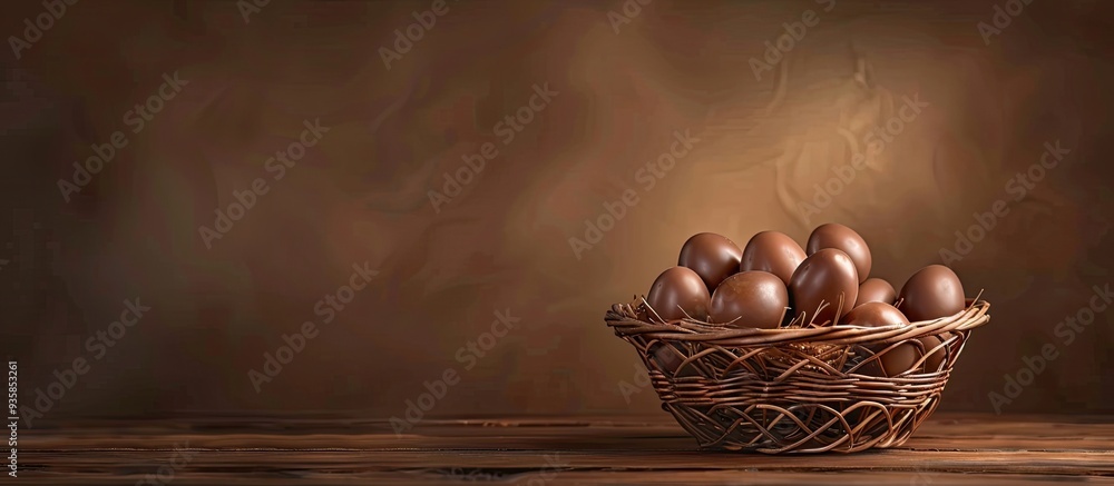 Poster wicker basket containing chocolate egg. copy space image. place for adding text and design