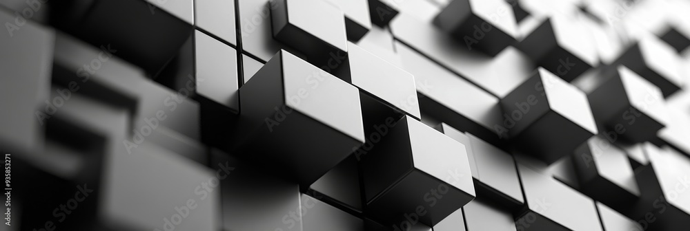 Poster abstract geometric pattern of cubes in black and white - a close-up view of a wall of abstract cubes