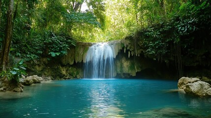 Secluded Waterfall Cascading into a Tranquil Pool Surrounded by Lush Tropical Foliage. AI generated illustration