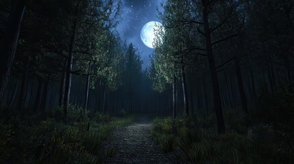 Obraz premium Moonlit Path Through a Dense Forest with Tall Trees and Patches of Moonlight Illuminating the Way. AI generated illustration