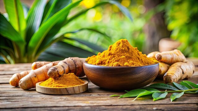 Turmeric curcumin powder and fresh rhizome displayed on a wooden table with a plant background