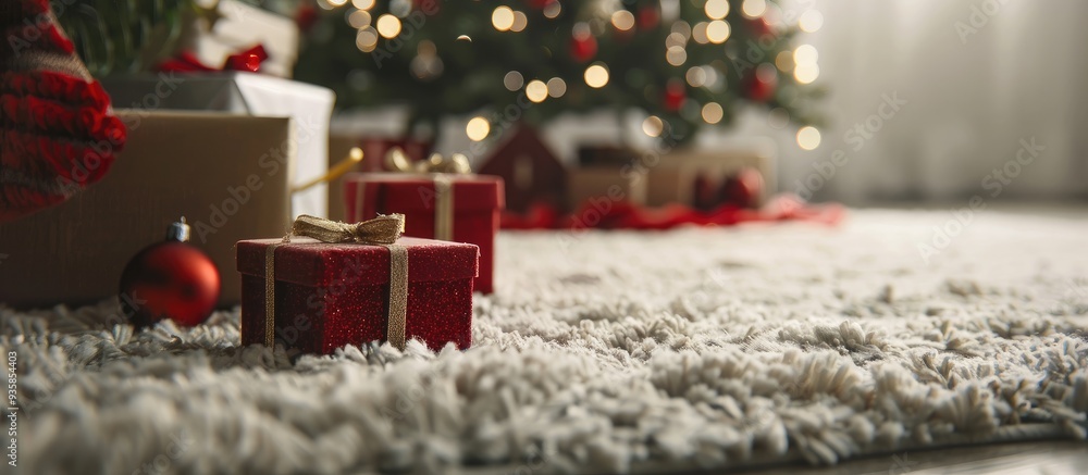 Poster christmas gift boxes on a white carpet beside a christmas tree. copy space image. place for adding t