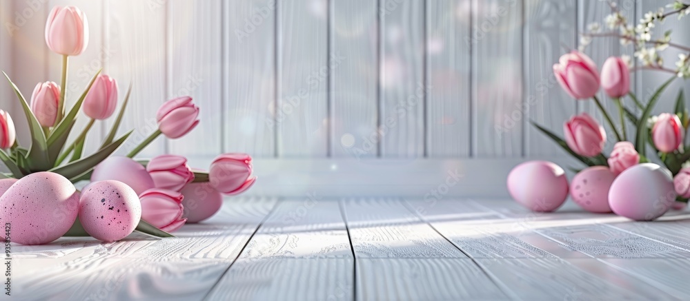 Poster easter decor featuring pink eggs and tulips. copy space image. place for adding text and design