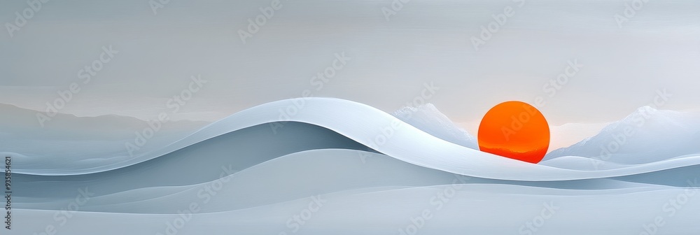 Wall mural Abstract Minimalist Sunset Over Wavy Hills - A minimalist digital art piece depicting a bright orange sun setting over a landscape of soft, undulating hills. The image symbolizes simplicity, serenity,