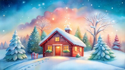 Winter fairy tale house in the forest with snow and Christmas decorations at sunset