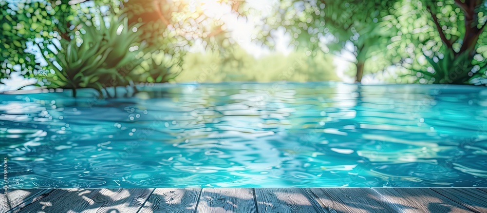 Poster swimming pool with clear water in the background summer holiday. copy space image. place for adding 