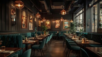 A restaurant with a lot of green furniture and a lot of light