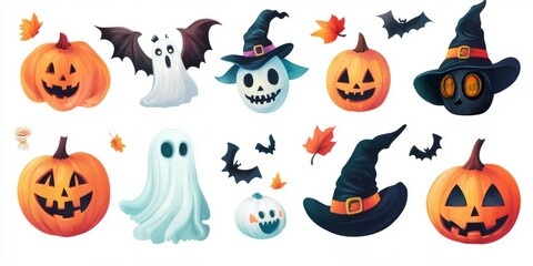 Vibrant Halloween illustrations of pumpkins, ghosts, bats, and witches' hats