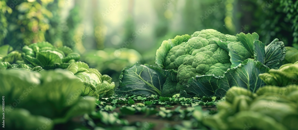 Aufkleber broccoli on a green backdrop close up of cabbage copyspace and area for text adjacent to the greener