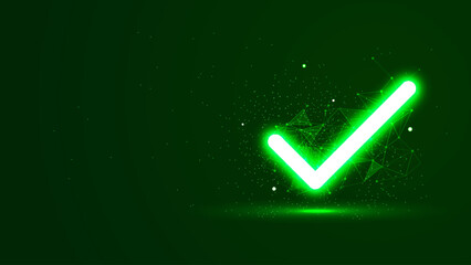 Green glowing check mark with plexus lines and glitter particles. Tick symbol in the neon light style. 3D abstract low poly copy space in the dark background © AF DigitalArtStudio