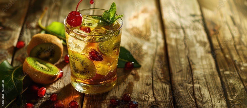 Poster fresh kiwi syrup ice cubes soda and a cherry on top perfect for summer set against a wooden table ba