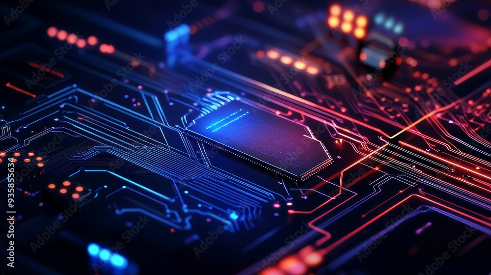 Poster abstract technology background: circuit board with glowing lines and central processor - a close-up 