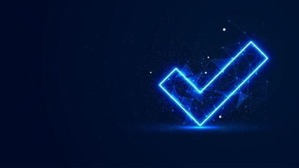 Futuristic glowing check mark with plexus lines and glitter particles. Tick symbol in the blue neon light style. 3D abstract low poly copy space in the dark background
