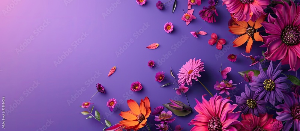 Poster lovely flowers on a purple paper backdrop. copy space image. place for adding text and design