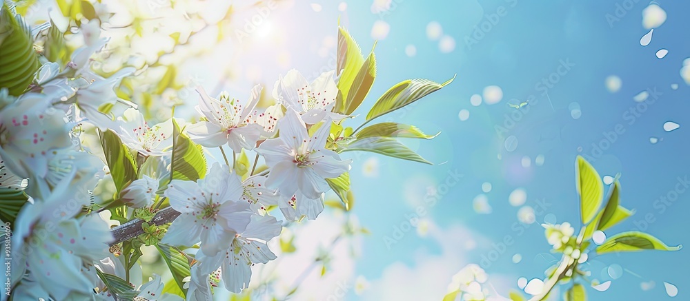 Aufkleber branch of a cherry blossom tree in a sunny garden with a clear blue sky in the background gentle nat