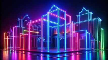 Naklejka premium Vibrant neon outlines accentuating architectural features