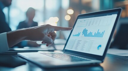Close-up view of a finger pointing at detailed financial statistics and graphs on a laptop screen, highlighting analysis and decision making in a corporate environment.
