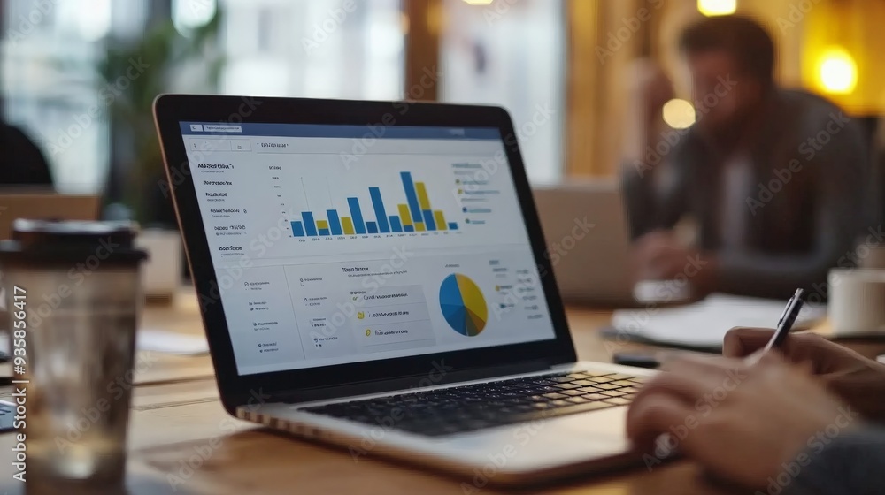Leinwandbilder this image features a laptop displaying various data charts on a wooden office table, with a coffee 