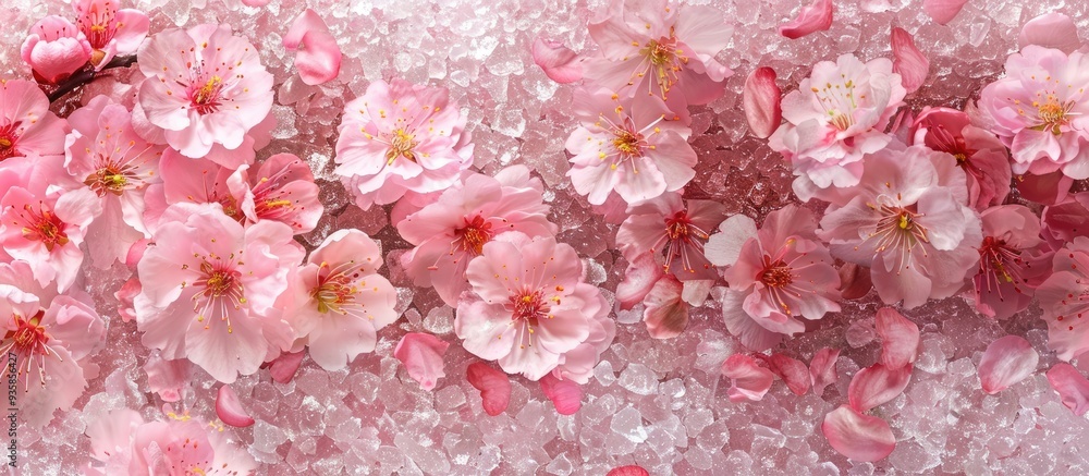 Poster cherry blossoms at their peak bloom. copy space image. place for adding text and design