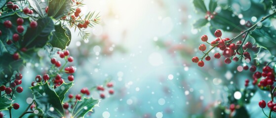 Fototapeta premium Merry Christmas holiday celebration greeting card - close up of red bauble ornament and holly ( ilex ) leaves with red berries, blue sky with snowflakes in background..