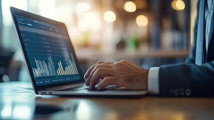 This image depicts a businessman's hands typing on a laptop displaying data charts in a well-lit office, symbolizing productivity, technology, and data analysis.