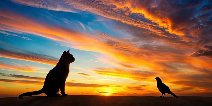 Silhouette of a cat and bird against a vibrant sunset sky, showcasing the beauty of nature