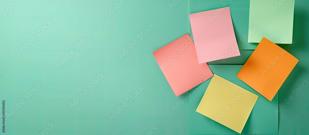 Poster four colorful sticky notes on a green background space for text stationery template copy space stick