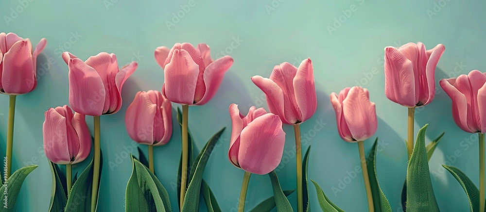 Poster top view of pink tulips against a pastel background. copy space image. place for adding text and des