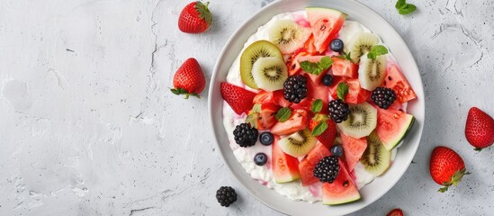 Healthy clean eating dieting and nutrition with a seasonal summer breakfast theme A fruit salad served with yogurt in a carved watermelon bowl on a kitchen table Top view flat lay copy space backgrou