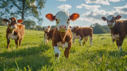 Adorable Calves Grazing in a Lush Green Meadow - A group of cute calves with white markings on their faces are enjoying a sunny day in a green meadow.  The calves represent youth, innocence, and the b