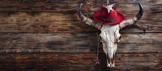 Buffalo skull adorned with a hanging paper red hat featuring stars on its long horns Country style with a rugged wooden texture background providing space for text. Copy space image