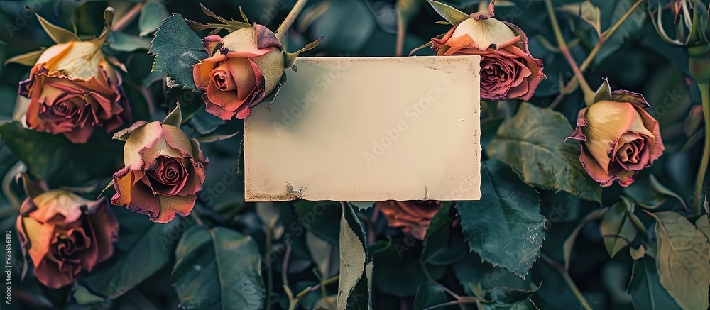 Poster blank card for your message on a backdrop of romantic dried roses square image with a toned effect i