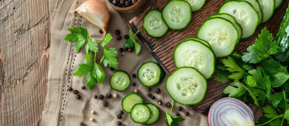Poster freshly sliced cucumber on a cutting board black pepper a halved onion and parsley on a sackcloth ba