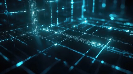 Abstract blue glowing lines and dots forming a grid structure.