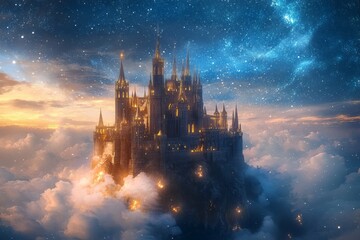 Naklejka premium A stunning image of a majestic castle floating amidst the clouds with a star-lit sky and dusk backdrop, evoking a sense of fantasy, wonder, and enchantment.